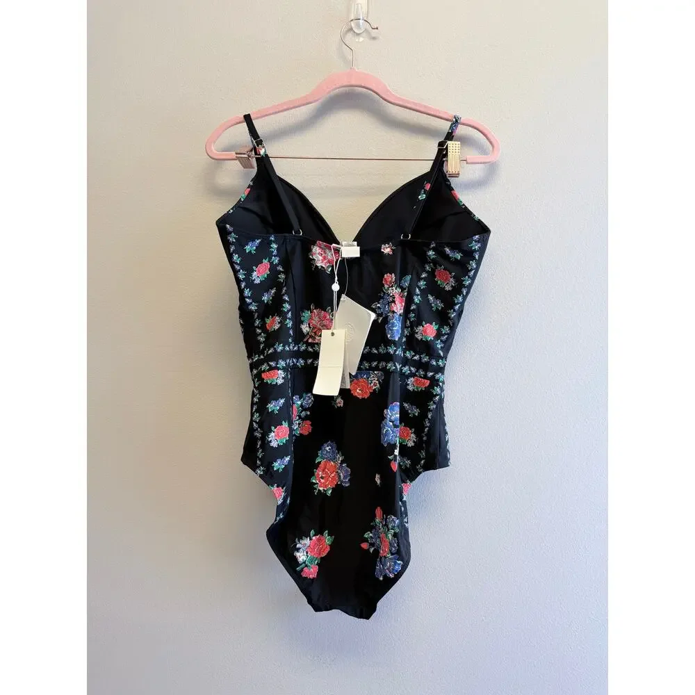 TORY BURCH Tea Rose Heirloom Stripe Floral One Piece Swimsuit L NWT